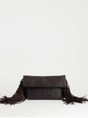 Topshop Tassel oversized weave clutch bag in chocolate